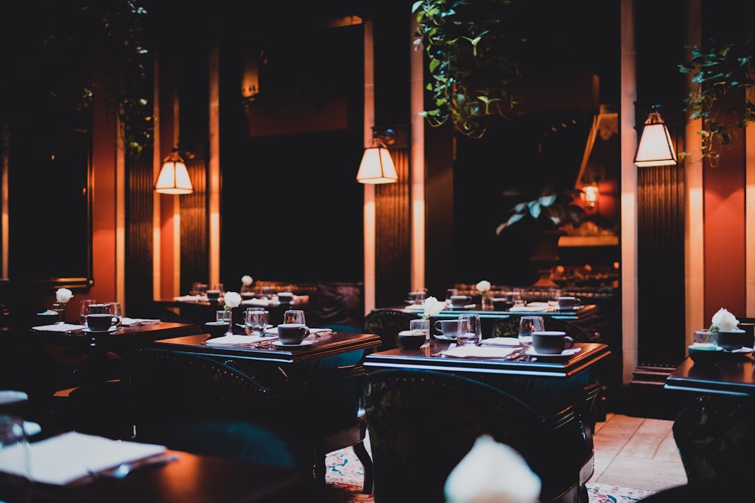 Dining area at Dharma Dhaba with ambient lighting